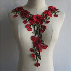 1Pc Red Flower Lace Fabric Dress Applique Motif Blouse Sewing Trims DIY Sewing