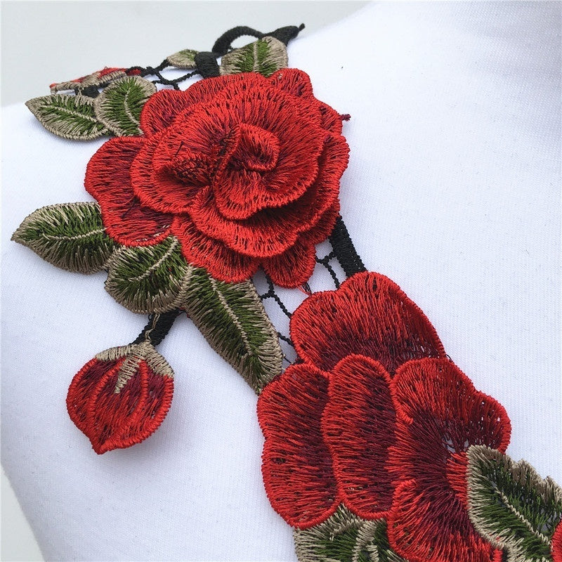1Pc Red Flower Lace Fabric Dress Applique Motif Blouse Sewing Trims DIY Sewing