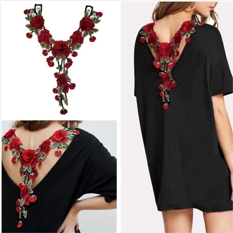 1Pc Red Flower Lace Fabric Dress Applique Motif Blouse Sewing Trims DIY Sewing