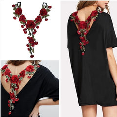 1Pc Red Flower Lace Fabric Dress Applique Motif Blouse Sewing Trims DIY Sewing