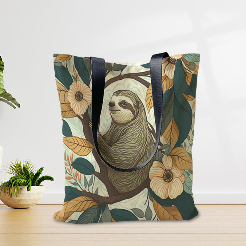 Sloth & Flower Canvas Bag Large Capacity Handbag