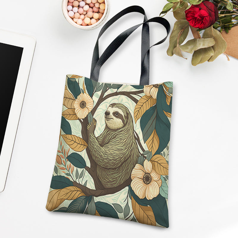 Sloth & Flower Canvas Bag Large Capacity Handbag