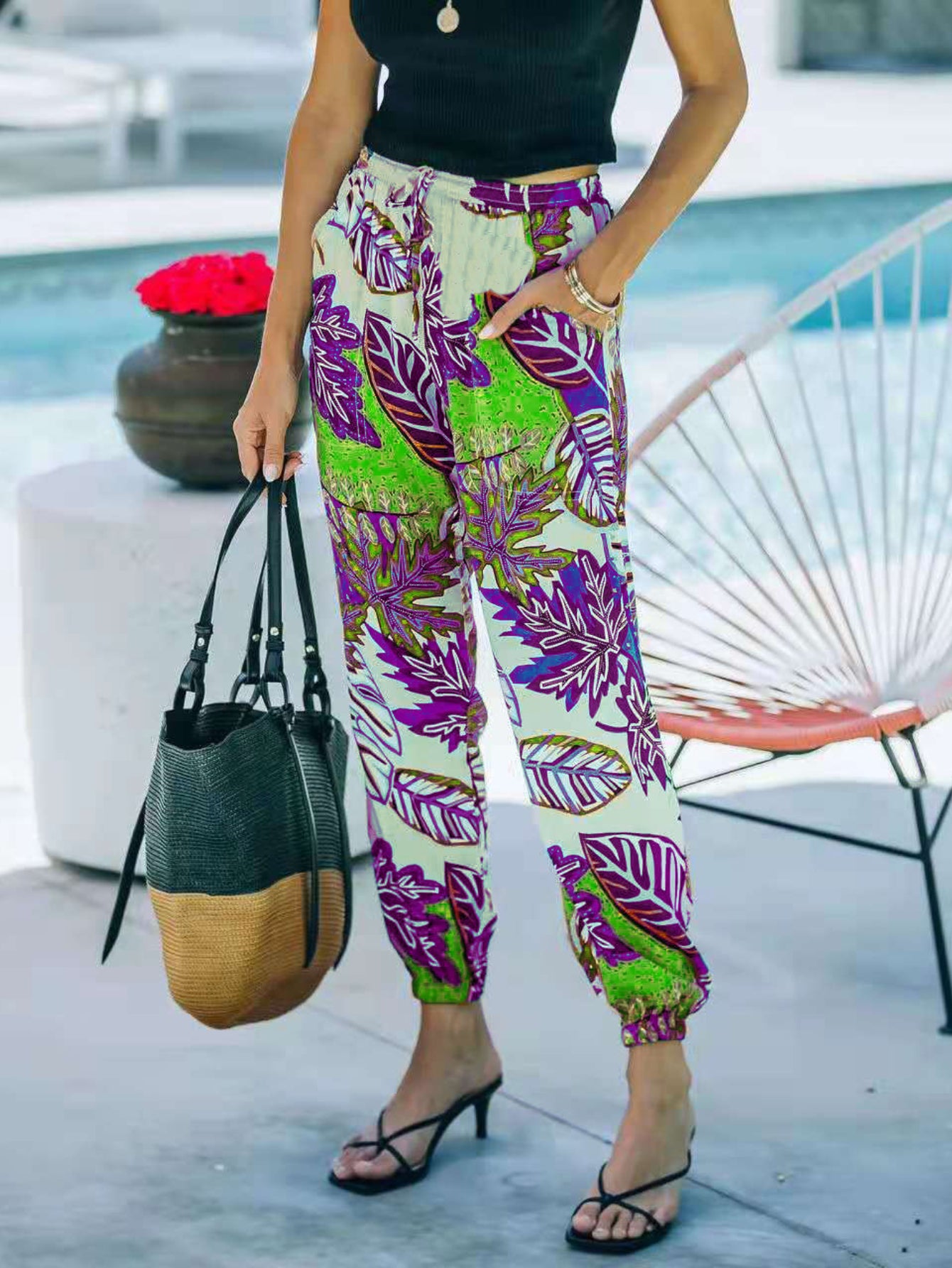  Colorblock Leaf Print High Rise Lantern Pants