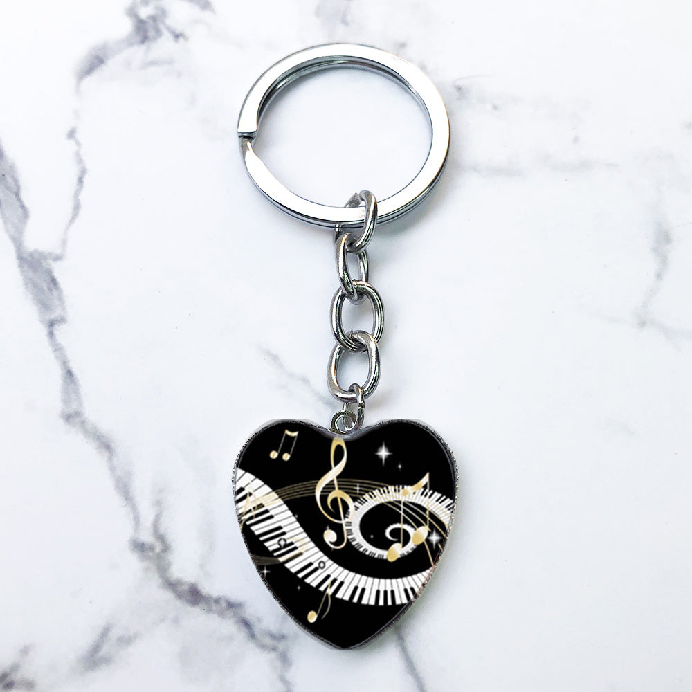 Piano Keys Music Notes Key Chain Heart Shaped Glass Gem Pendant Keyring