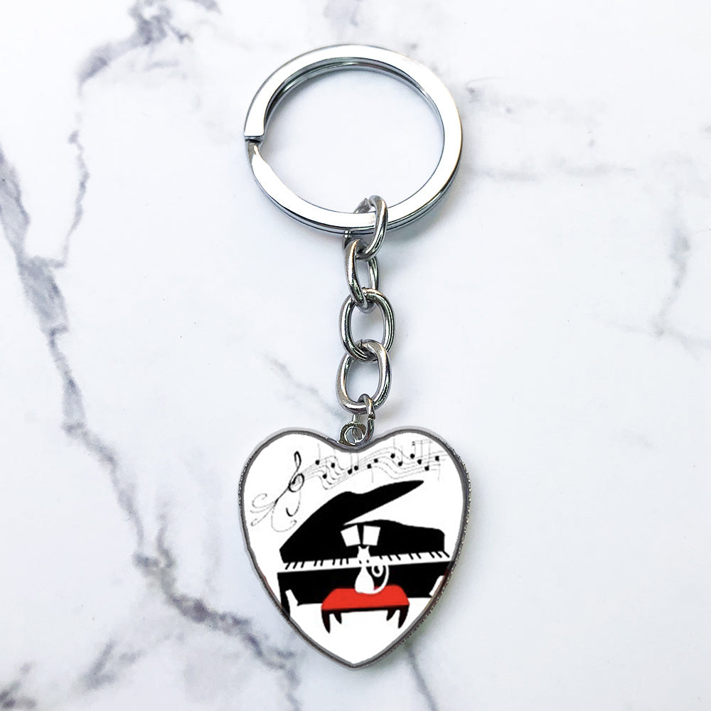 Piano Keys Music Notes Key Chain Heart Shaped Glass Gem Pendant Keyring