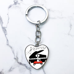 Piano Keys Music Notes Key Chain Heart Shaped Glass Gem Pendant Keyring