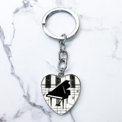 Piano Keys Music Notes Key Chain Heart Shaped Glass Gem Pendant Keyring
