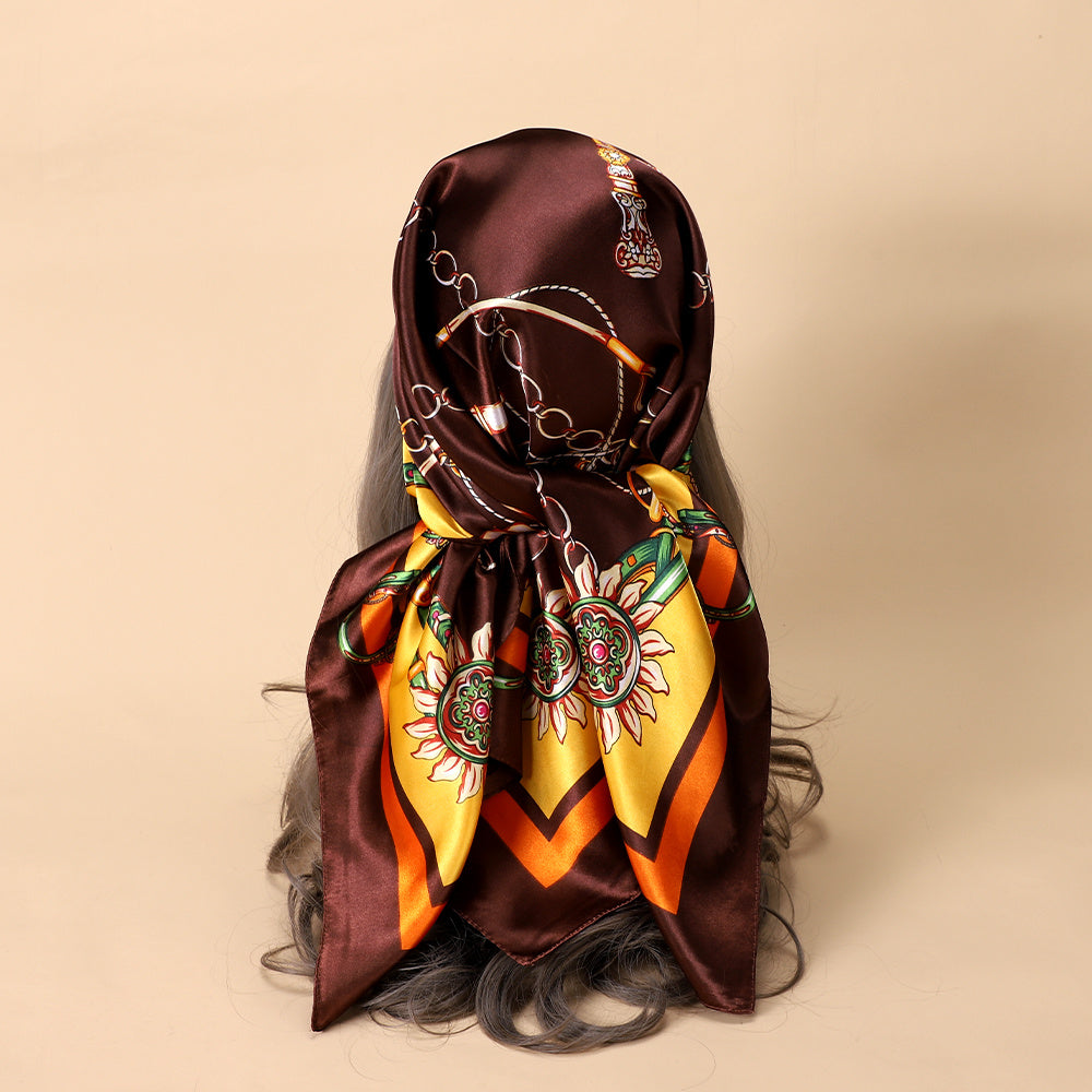 Classic Chain Print Satin Scarf Silk Sunscreen Shawl Hijab Woman Travel