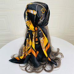 Classic Chain Print Satin Scarf Silk Sunscreen Shawl Hijab Woman Travel