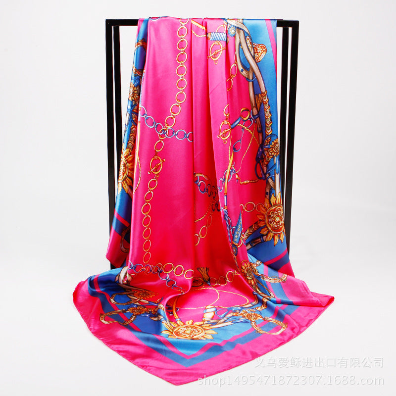 Classic Chain Print Satin Scarf Silk Sunscreen Shawl Hijab Woman Travel
