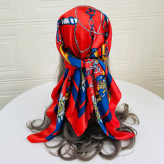 Classic Chain Print Satin Scarf Silk Sunscreen Shawl Hijab Woman Travel