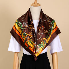 Classic Chain Print Satin Scarf Silk Sunscreen Shawl Hijab Woman Travel