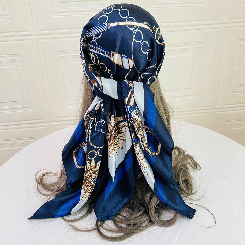 Classic Chain Print Satin Scarf Silk Sunscreen Shawl Hijab Woman Travel