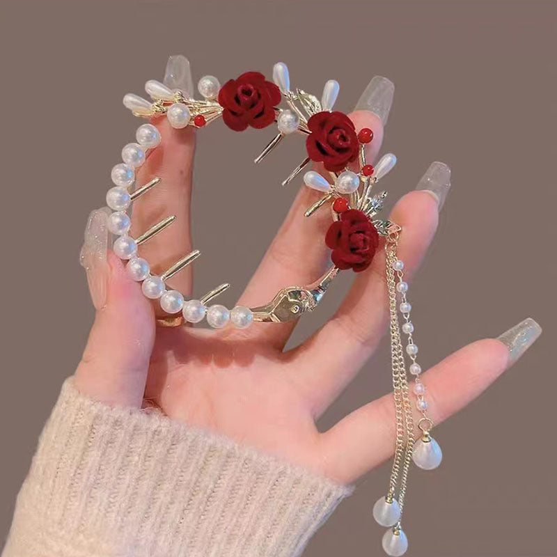 Rose Flower Faux Pearl Tassel Hair Clip Chinese Style Hair Accessory