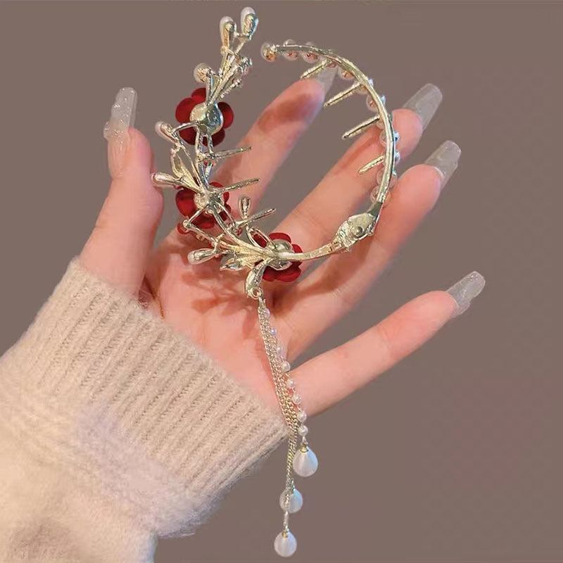 Rose Flower Faux Pearl Tassel Hair Clip Chinese Style Hair Accessory