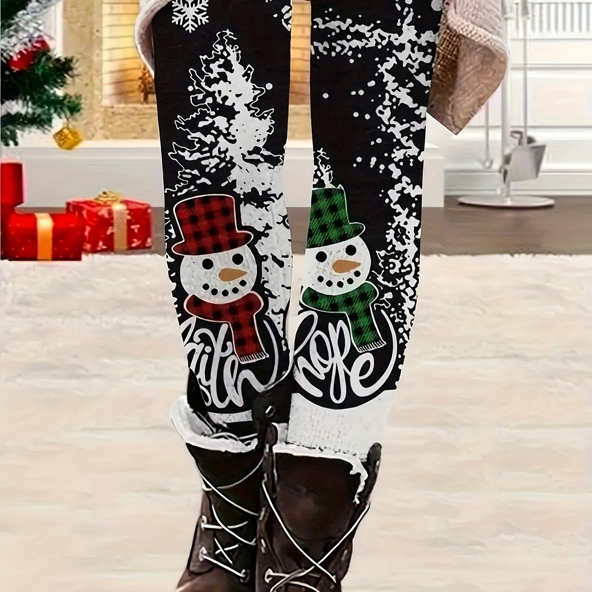  Christmas Leggings Snowman Print High Rise Stretch Leggings