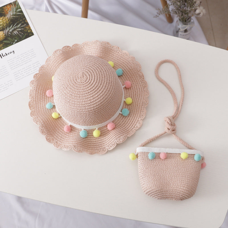 Girls Straw Sun Hat & Bag Set Lightweight Sunscreen Cap