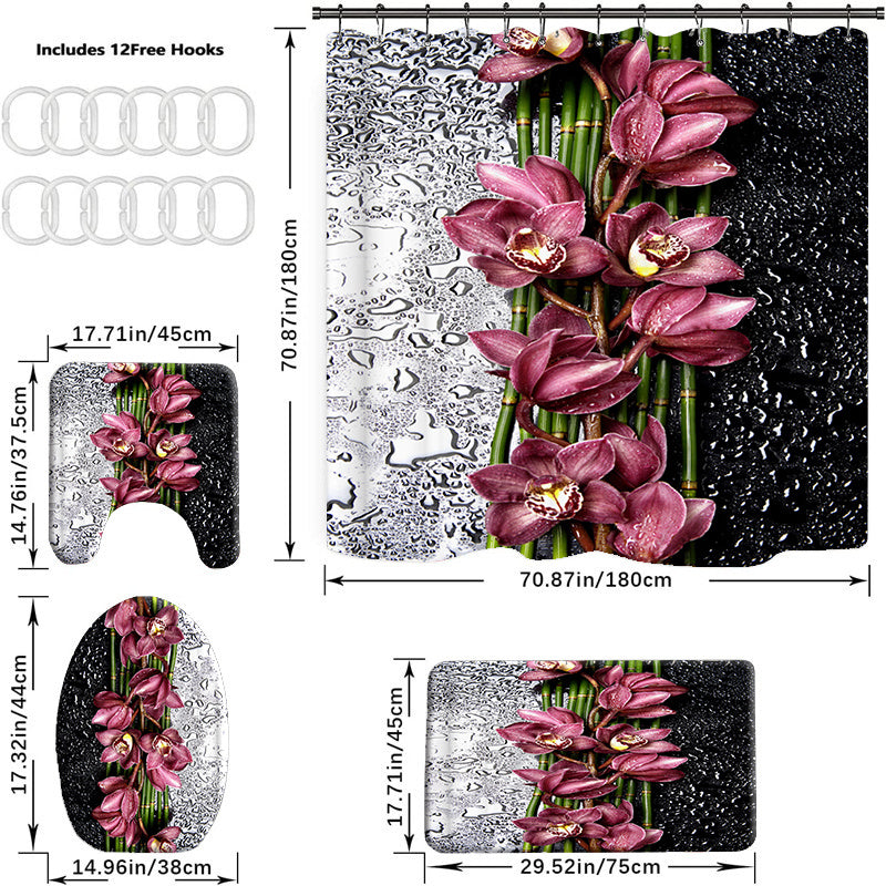 Flower Pattern Waterproof Shower Curtain Set with 12 Hooks