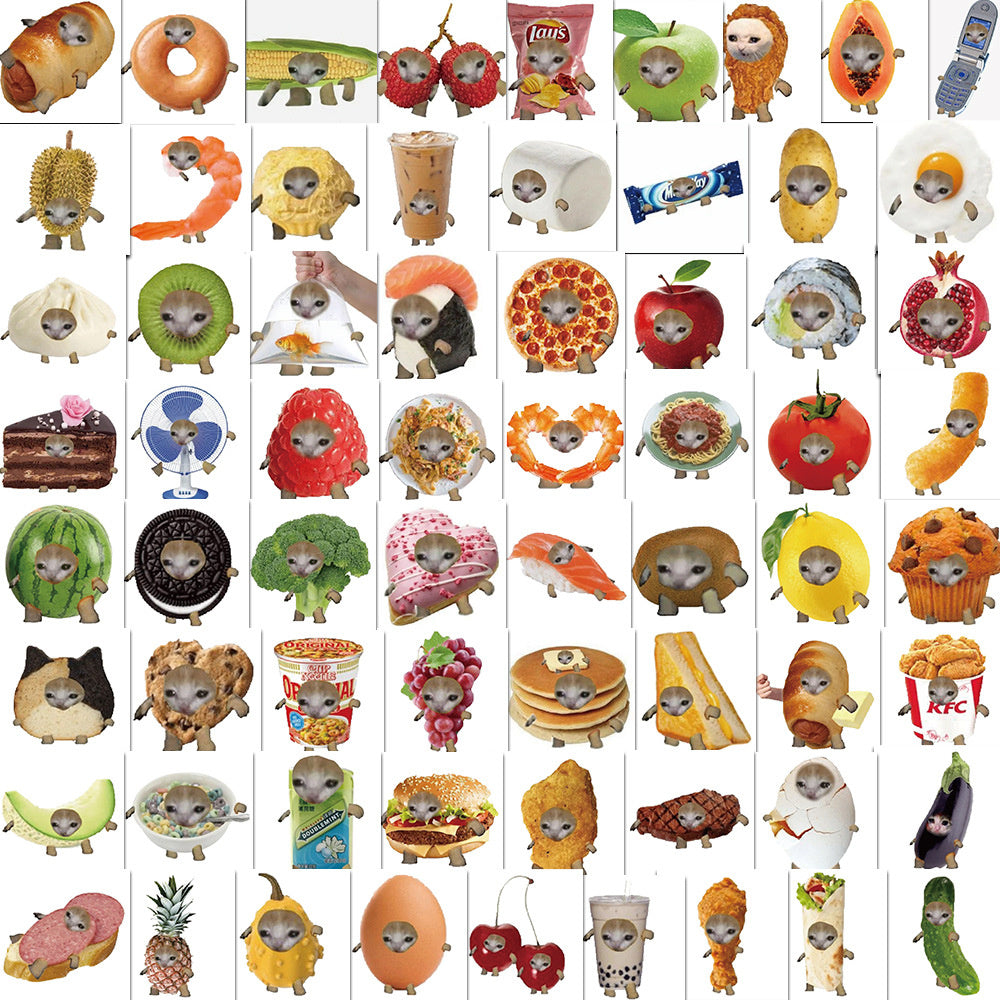 69PCS Funny Meme Cat & Food Stickers Toy Laptop Skateboard Phone Car