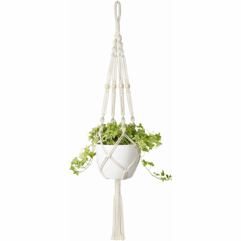 1pc Plant Hanger Indoor Hanging Wooden Bead Planter Lanyard Ivory