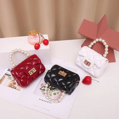 Argyle Quilted Square Bag with Metal Lock and Pearl Handle