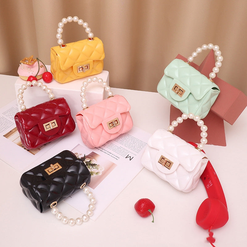 Argyle Quilted Square Bag with Metal Lock and Pearl Handle