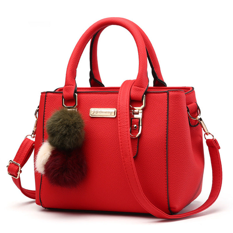 Stylish PU Leather Crossbody Bag Handbag Shoulder Bag with Fluffy Ball Pendant