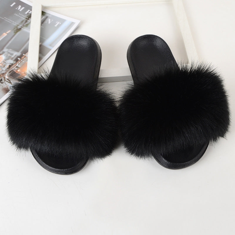 Women's Fluffy Flat Slides Open Toe Non Slip Indoor Slippers Furry Outdoor Shoes