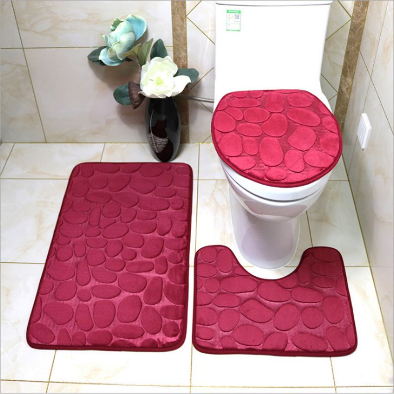 3pcs Cobblestone Bath Mat Sets Non-Slip U-Shaped Bathroom Rugs Toilet Mats