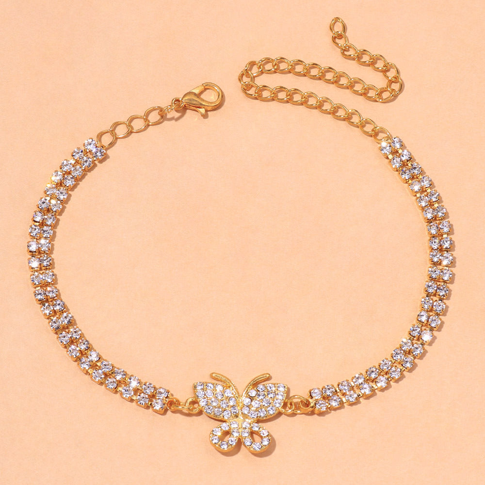 Rhinestone Claw Chain Anklet with Butterfly Charm