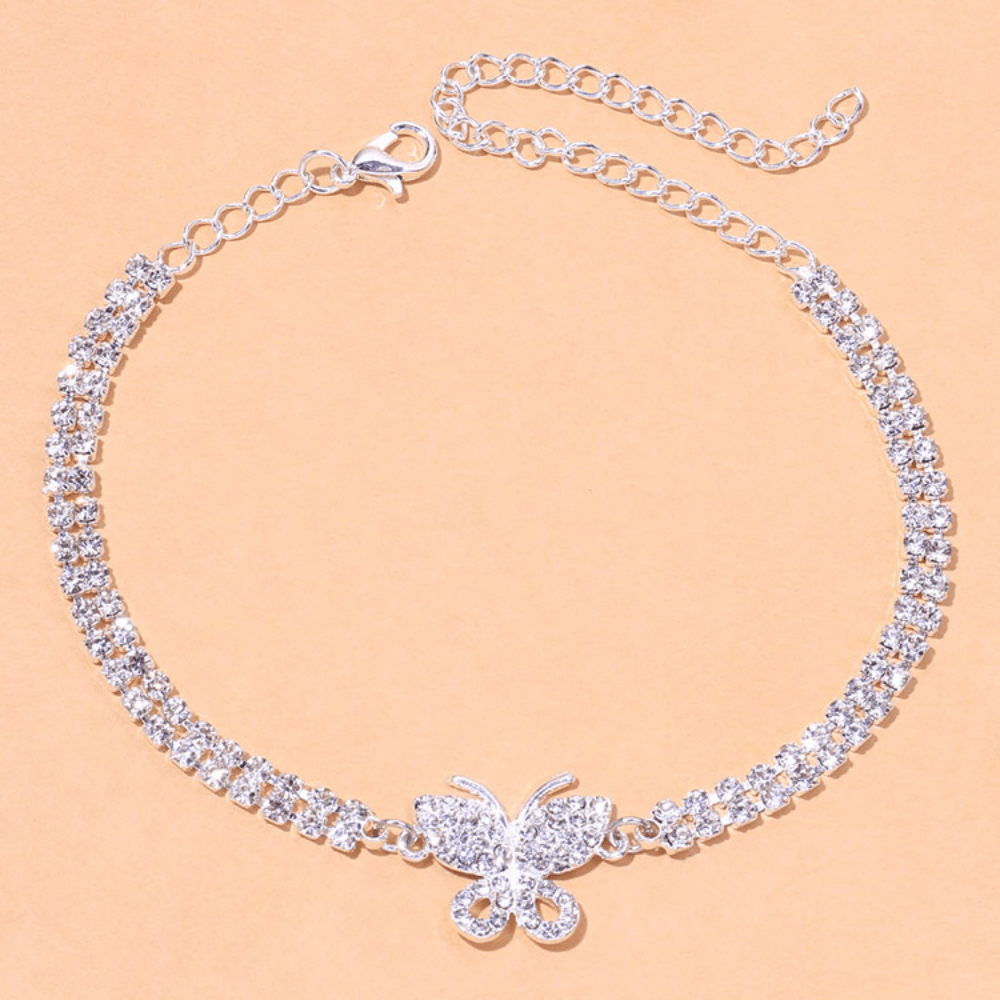 Rhinestone Claw Chain Anklet with Butterfly Charm