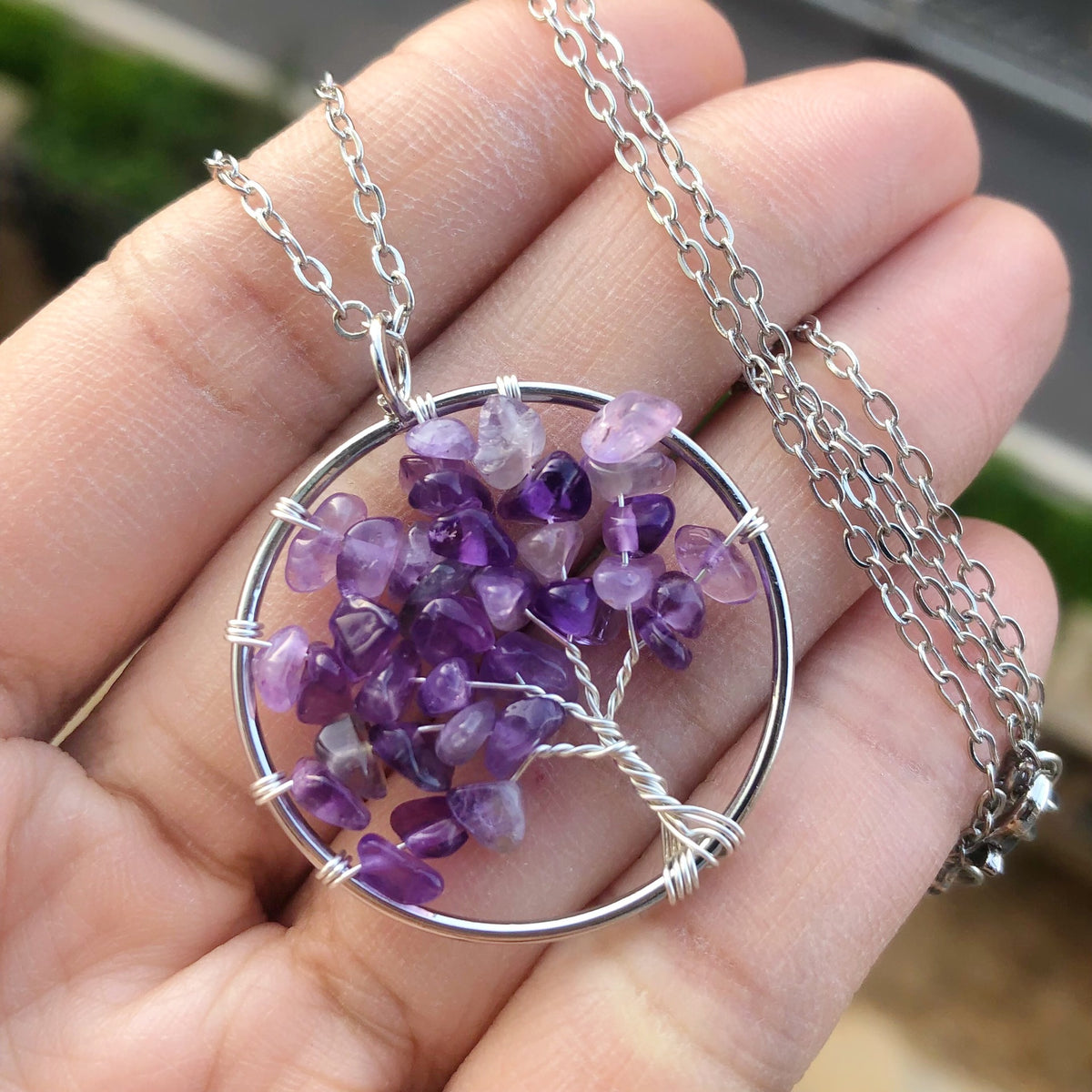 Amethyst Crystal Silver Tree Of Life Necklace