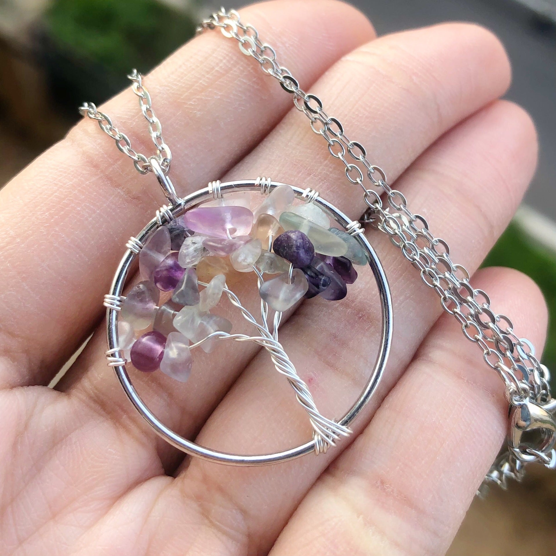 Amethyst Crystal Silver Tree Of Life Necklace