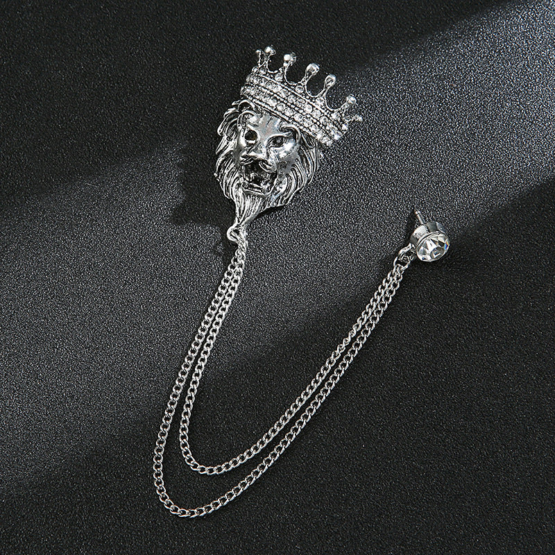Vintage Crown Lion Head Brooch Shirt Collar Tassel Chain Lapel Pins