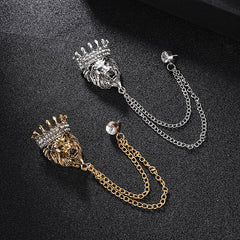 Vintage Crown Lion Head Brooch Shirt Collar Tassel Chain Lapel Pins