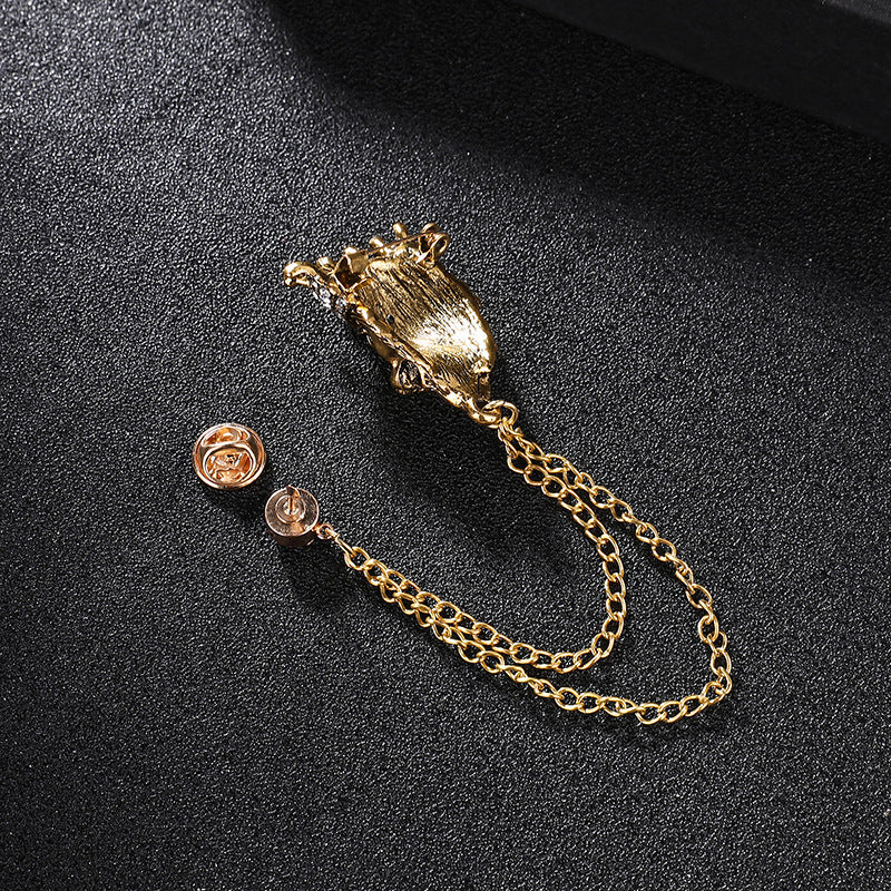 Vintage Crown Lion Head Brooch Shirt Collar Tassel Chain Lapel Pins