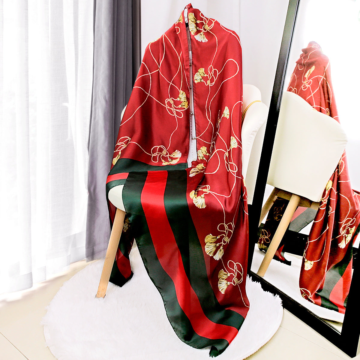 Classic Print Satin Long Scarf Silk Shawl Head Wrap Windproof Travel Beach Towel