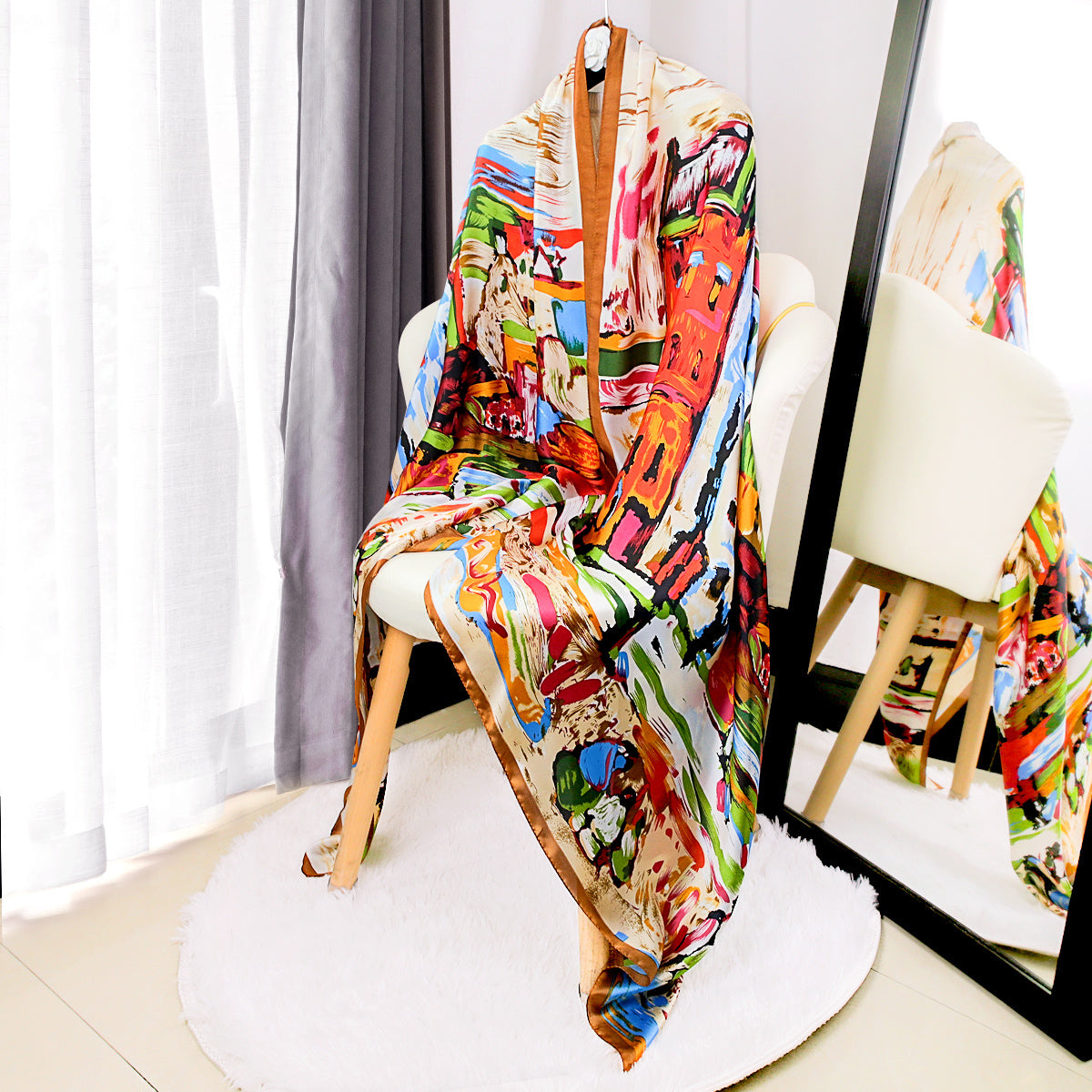 Classic Print Satin Long Scarf Silk Shawl Head Wrap Windproof Travel Beach Towel