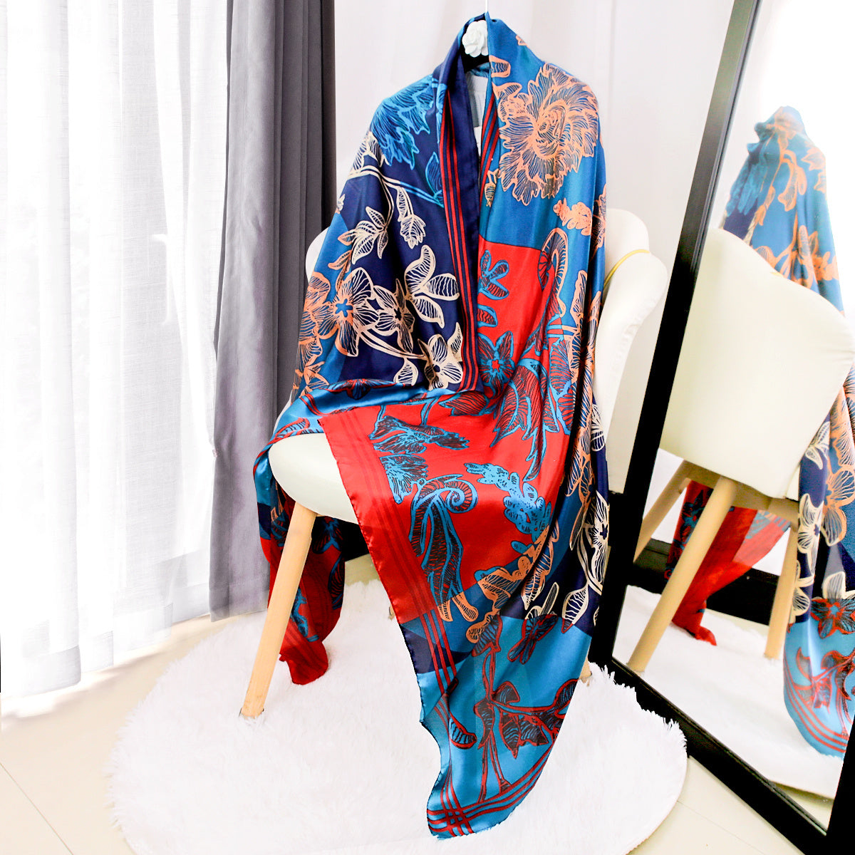Classic Print Satin Long Scarf Silk Shawl Head Wrap Windproof Travel Beach Towel