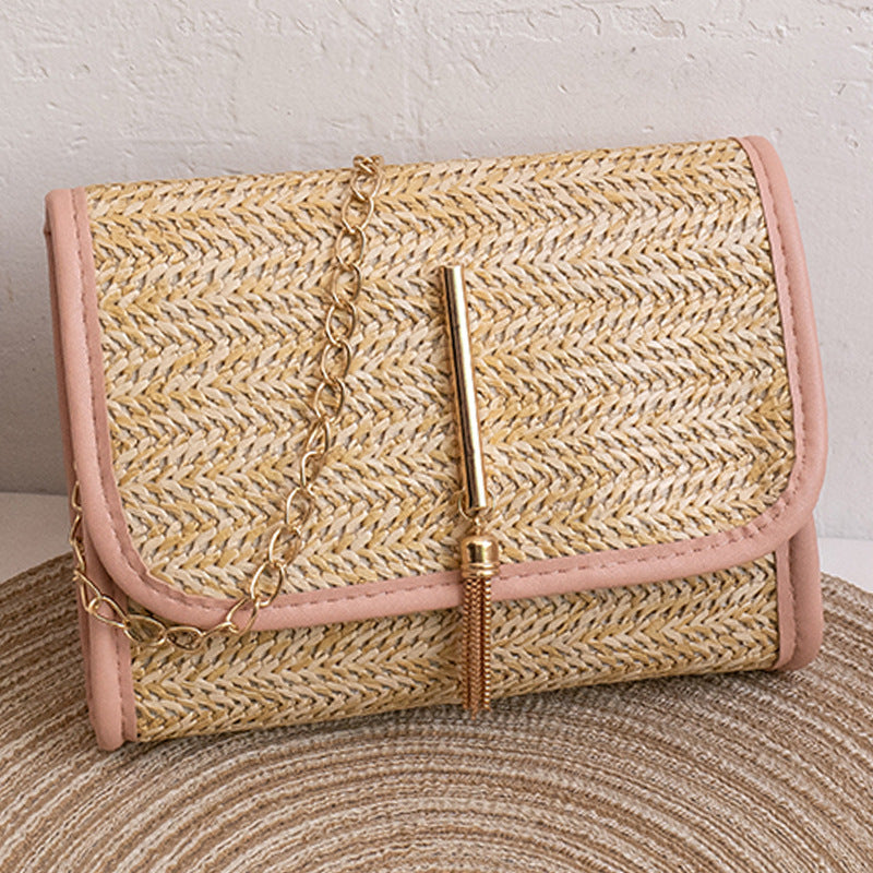 Straw Crossbody Bag Chain Shoulder Bag Tassel Beach Bag