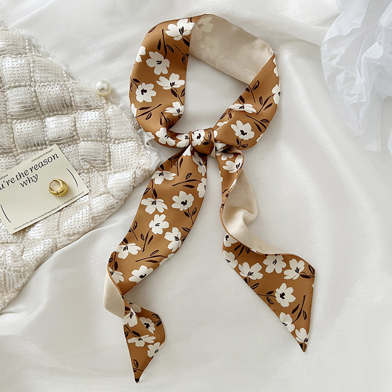 Floral Print Skinny Scarf Silk Hair Ribbon Boho Satin Neckerchief