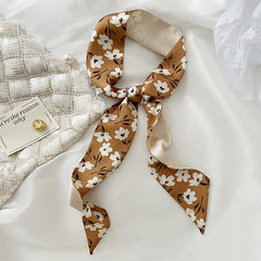 Floral Print Skinny Scarf Silk Hair Ribbon Boho Satin Neckerchief