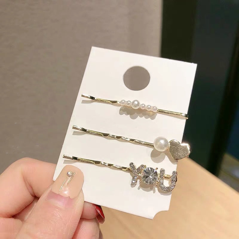 3pcs Rhinestone Hair Pin Faux Pearl Decor Hairpin for Side Hair Bang