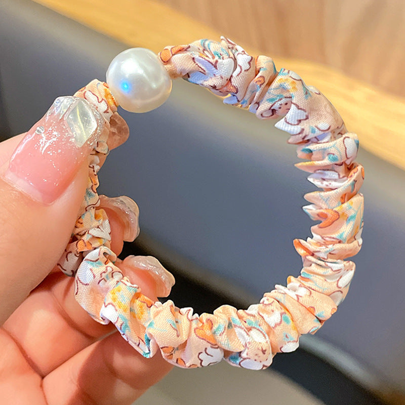 Floral Print Faux Pearl Scrunchies Hair Tie Bracelet Style