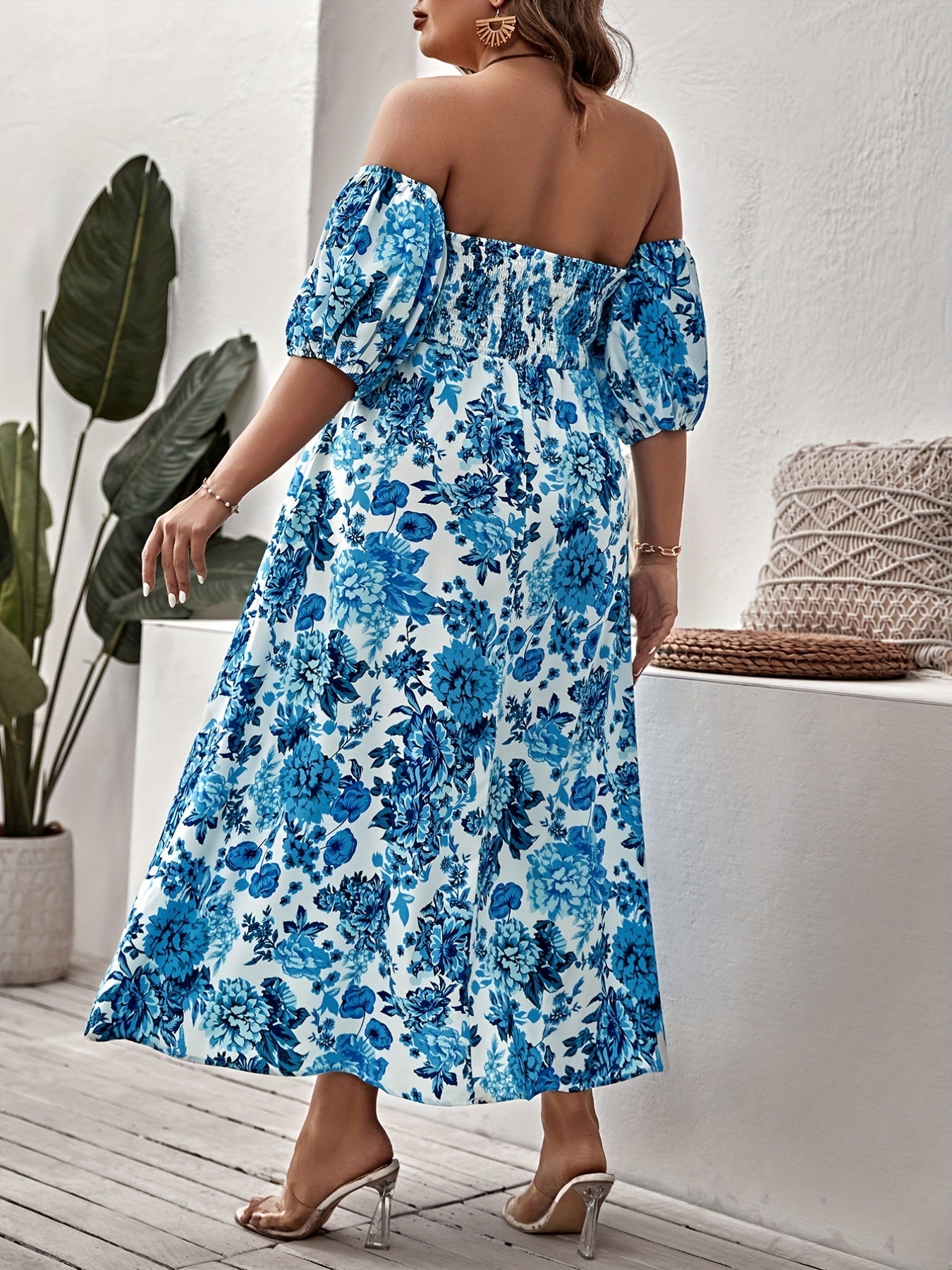 Plus Floral Print Strapless Maxi Summer Dress With Arm Sleeves
