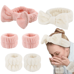3pcs Bow Bath Headband & Wristband Set Spa Makeup Face Washing Set