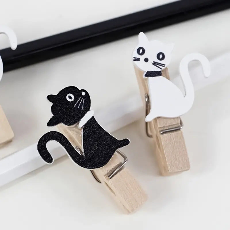 10pcs Cat Paper Clip Wooden Memo Clips with Hemp Rope
