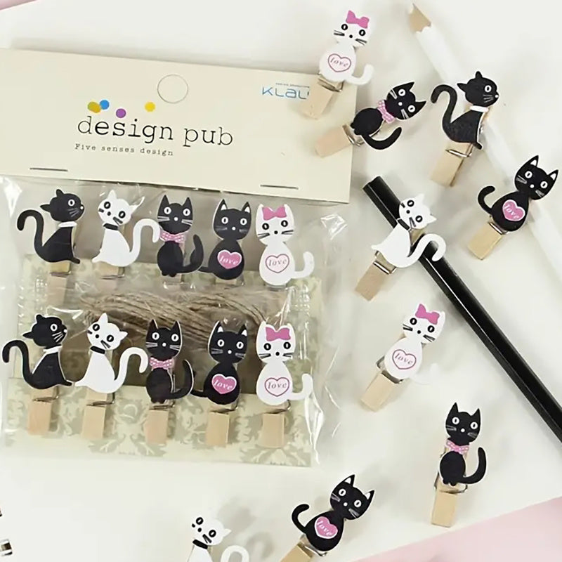 10pcs Cat Paper Clip Wooden Memo Clips with Hemp Rope
