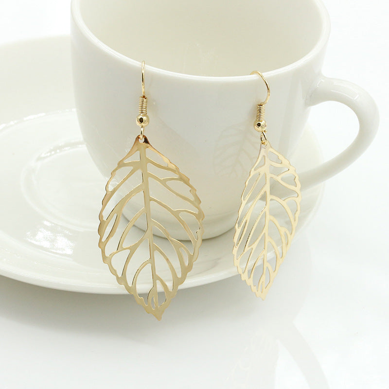 Gold Hollow Leaf Dangle Earrings 18K Plated Jewelry