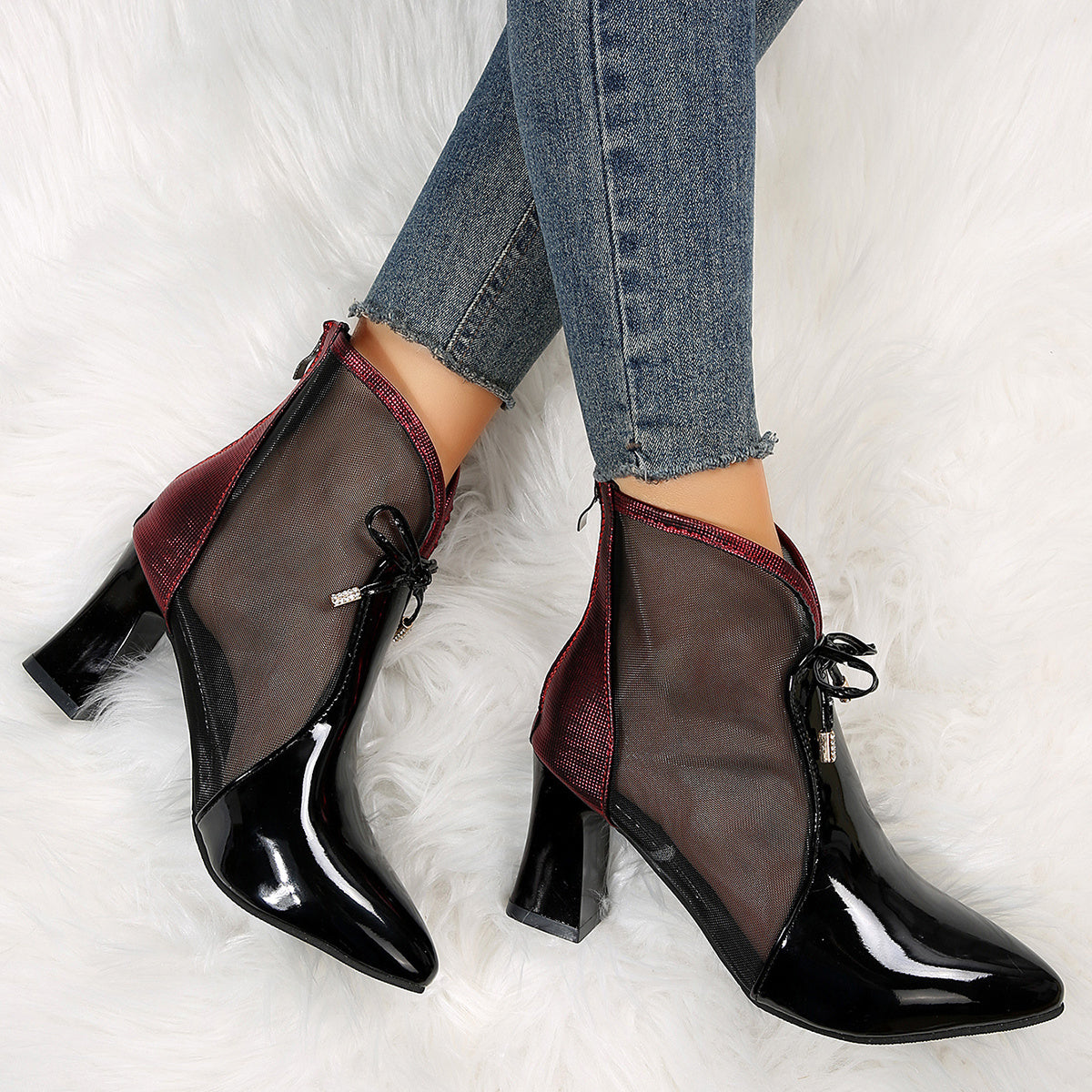 Women's Mesh Sandals Boots Bow Pointed Toe Mid Heels